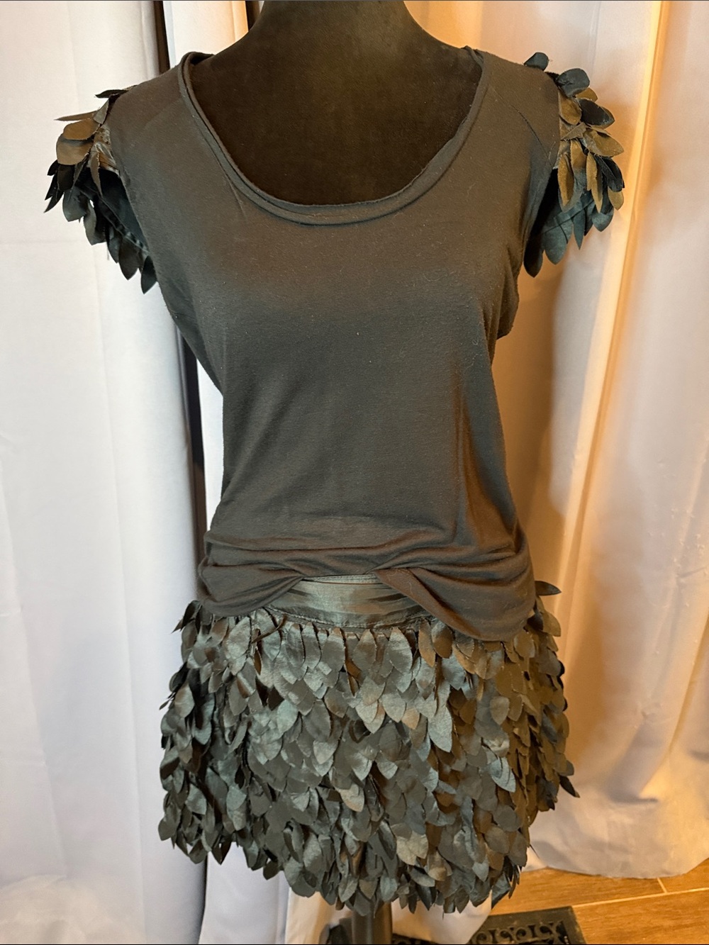Women’s Black Two-Piece Leaf-Trim Shirt and Mini Skirt